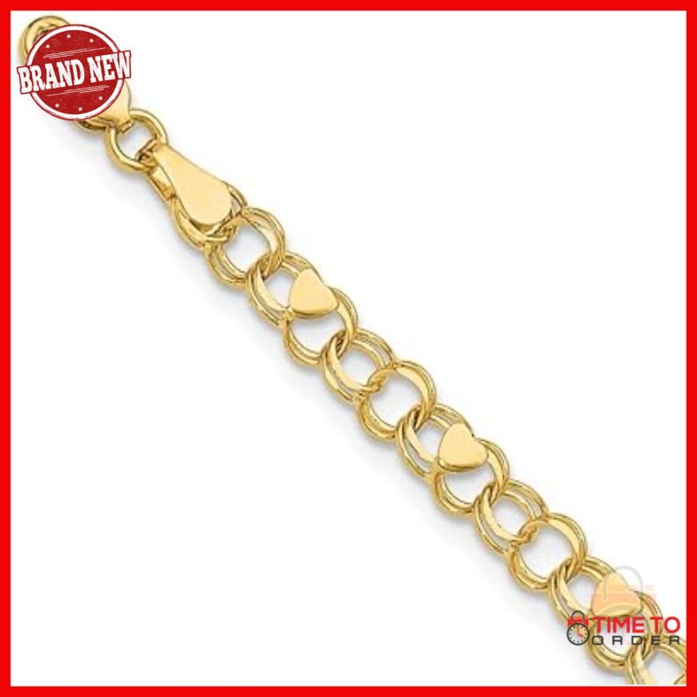 14K Gold Double Link Heart Charm Bracelet Adjustable 6-8 Inch